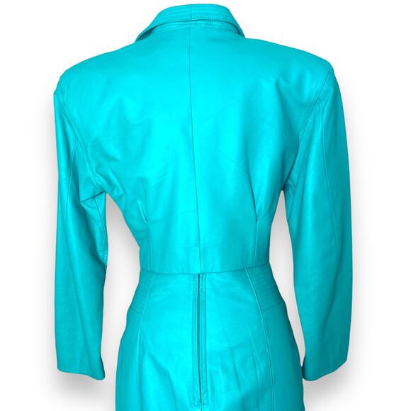 Vintage 80s Yucatan Bay Teal 2 Piece Leather Mini Skirt Jacket Matching Suit Set - Picture 7 of 11